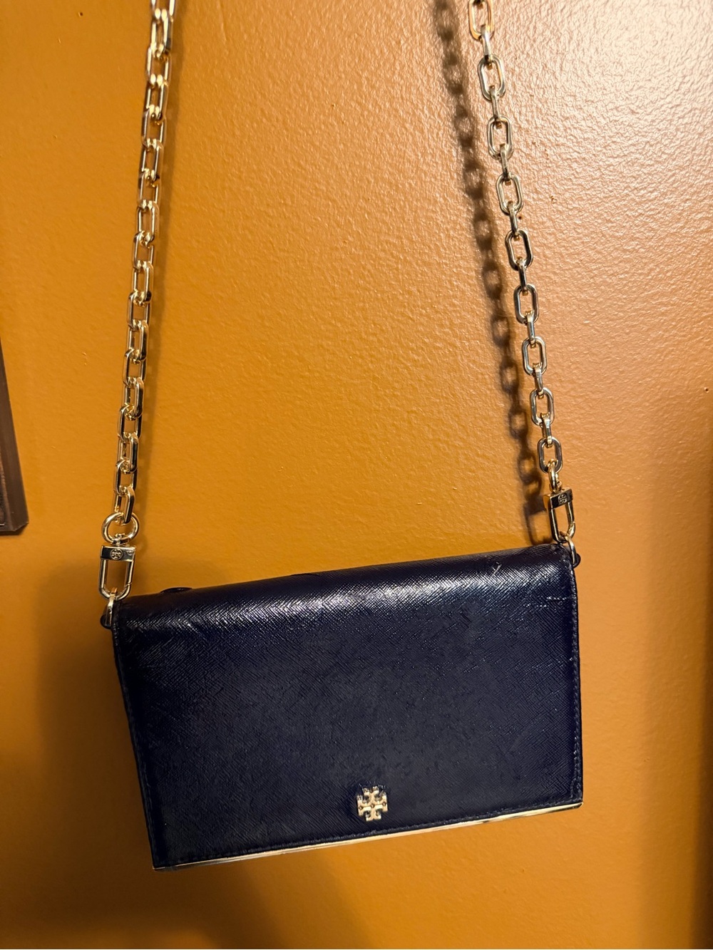 Tory Burch Navy Saffiano Leather Chain Wallet Crossbody with Gold Hardware